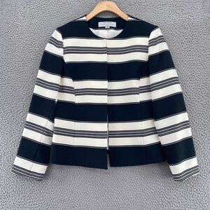 Tahari Jacket Womens 4 Petite Black Ivory Striped Open Front Blazer Office Work